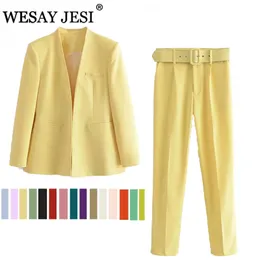 Dwuczęściowe spodnie kobiet Wesay Jesi Office Suit Fashion Blazer PantiSt Prosty stały kolorowy kołnierz długi rękaw 2 set 221128