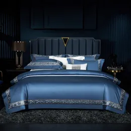 Bedding sets High end 1000TC Egyptian cotton bedding Blue Chic Luxury Embroidery Duvet Cover 4pcs Silky Soft bed sheet pillowcases 221129
