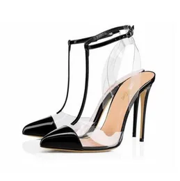 Moda nova mulher mulher Lady 2019 New Black Poining PoinE PVC Slingback High Heels Sapatos Sandálias Bombas T Strape SHOE DESLIGADA5618424