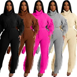 Women Knitted Tracksuit Two Piece Set Sweater Tops and Pant Woolen Suits Outfits Free Ship