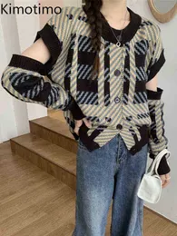 女性のセーターKimotimo Vintage Plaid Off Off Shoulder Vest Women 2022秋の丸い首ファッションセーター韓国シック長袖トレンドTOPS J220915