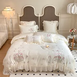 寝具セット1400TCエジプトの綿花刺繍豪華なプリンセスウェディングセットレースエッジ布団カバーベッドシート枕カバー221129