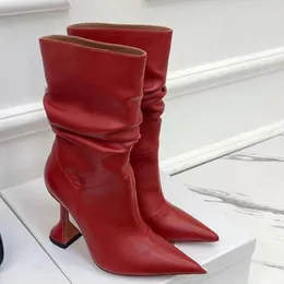 부츠 2022 여자 신발 패션 쇼 와인 유리 힐 하이 스틸레토가 무릎 브랜드 디자인 위에 발가락