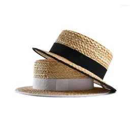 Berets 2022 Summer Pszeniczna słoma słomka Top Flat Hat for Women Wide Brim Cap Femme Ete Beach Sun Hats Sombreros de Sol Chapeau Paille