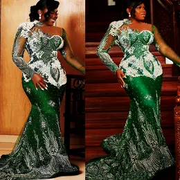 2022 Arabic Aso Ebi Mermaid Green Prom Dresses Pearls Lace Beaded Evening Formal Party Second Reception Birthday Engagement Gowns Dress ZJ788