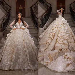 Wykwintna V Szyjka Weddna suknia balowa pełna długość Ruffles sukienka małżeńska błyszczące cekiny koronkowe koraliki Aso ebi ebi -ślubne suknie arabskie Dubaj