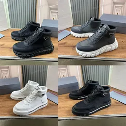 Designers Casual Shoes Men Sneakers Recycled Nylon Trainers Shiny Leather High Top Platform Sneaker Geometric Tread Foam Soles Shoes