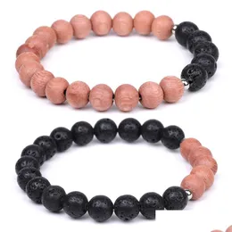 Cuentas de piedra natural Lave Wood Bead Strand Pulsera Strands Pulseras elásticas de acero inoxidable Pulsera para hombres Mujeres Fashio Dhgarden Dhosq