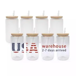 USA Warehouse 16 oz Sublimation Glass Beer Mugs with Bamboo Lids and Straw Tumblers DIY Blanks Cans Heat Transfer Cocktail Iced Coffee Cups Whiskey Mason Jars T1129