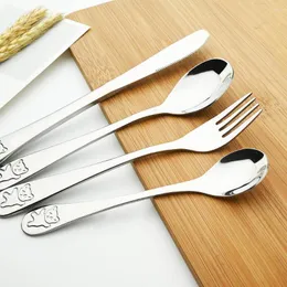 Dinnerware Sets Silver Cartoon Lovely Stainless Steel Silverware Knife Fork Dinner Kids Cutlery Set Children Flatware Tableware