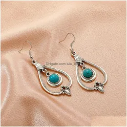 Hoop Huggie Bohemian Fashion Turquoise Geometric Earrings Hollow Out Water Drop Retro Dangle Leverans smycken DHZSA