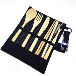 Dinnerware Sets Bamboo Travel Tableware Reusable Cutlery Set With Carrying Case Portable Wooden Charcoal Toothbrush