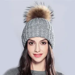 Beanieskull Caps Xthree Örme Şapka Kadınlar Kış Yün Lüks Beanies Skullies Gerçek Kürk Kürü Gorro Kadın Kapağı 221129