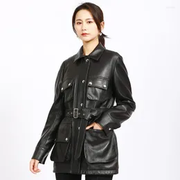 Women's Leather Women's Star Celebrity Inspired Jacket 2022 Spring Model Sheepskin Belt Genuine Clothes Women