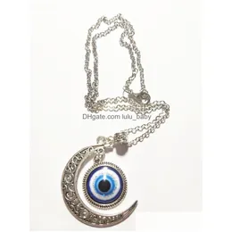 Pendant Necklaces Turkish Symbol Evil Blue Eyes Hollow Out Moon Pendant Necklace Women Men Nazar Turkey Arabic Islamic Lucky Charm G Dh9D3