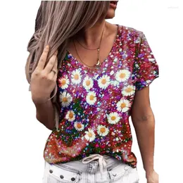 Женские футболки T Ladies Tops Women Floral Love Print Рубашка с V-образным вырезом с коротким рукавом повседневная футболка летняя уличная одежда винтажная мода
