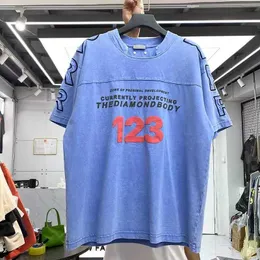 Erkek Tişörtleri Üç Boyutlu R Mavi Yıkama Retro Ekleme Kısa Kollu T-Shirt Erkek ve Kadın T221130