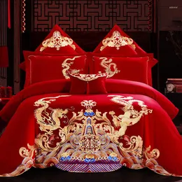 Bedding Sets Red Pure Cotton Set Luxury Gold Dragon Phoenix Embroidered Chinese Wedding Duvet Cover Bed Sheet Pillowcase Home Textile
