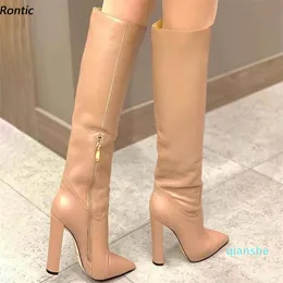 Rontic Handmade Women Winter Knee Boots Side Zipper Matt Chunky Heels Pointed Toe Fabulous Nude Party Shoes US Size 5152566340