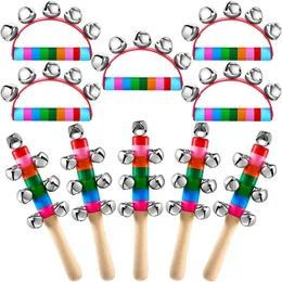 Christmas Decorations 10 Pcs Hand Bells Rainbow Handle Sleigh Handhold Wooden Jingle Stick Shaker Rattle Musical Instrument School 221130