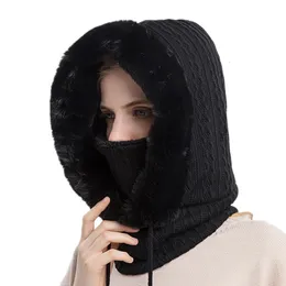 Beanieskull Caps Winter Fur Cap Mask 세트 여성을위한 후드 니트 따뜻한 야외 스키 바람 방전 봉제 봉제 푹신한 비니 모자 러시아 스타일 221129