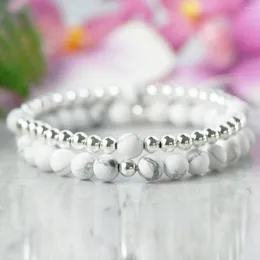 Link Bracelets MG0966 6 Mm White Gowlite And Silver Plated Beaded Bracelet Set Anxiety Relief Mala Dainty Gem Stone