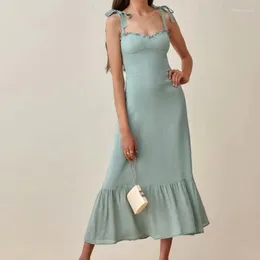 Casual Dresses 2022 Summer French Mint Green Women Dress Bodycon Tie Bow Strap Sleeveless Sexy Beach Party Vintage Holiday Robe