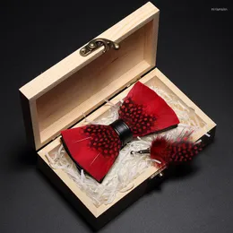 Bow Ties JEMYGINS Original Design Red Natural Bird Feather Tie Handmade Leather Brooch Wooden Box Wedding Party Birthday Gift