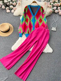 Kvinnors tvåbitar byxor Singreiny Women Plaid Sticks Pieces Suits V Neck Sweater Cardigan Wide Leg Knit Long Pant Winter Vintage Warm Set 221130
