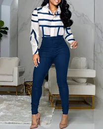 Pantaloni da donna in due pezzi Chic Set Completi Camicia con stampa a righe Vita alta Top Wear 221130