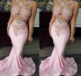 2021 Vestidos de graduaci￳n rosa corpi￱o de ilusi￳n sexy con apliques floral 3D Cristales con cuentas Mermaid Satin Custom Hade Evening Party Fiests 6134133