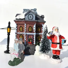 Christmas Decorations 10pcs/set Santa Claus Snow House Tiny Scene Sets Luminous LED Light Up Xmas Tree Shop Village Figurines