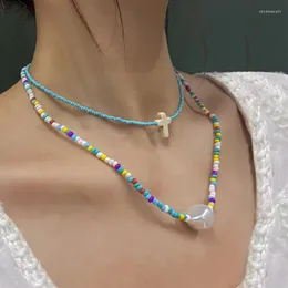 Charker 2022 Boho colorido colar de cordão feminino criativo Cadeia de clavícula de camada dupla Cadeia de jóias de moda cruzada