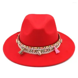 Berets Mistdawn 2022 Женские женские панамские шляпы Fedora Trilby Caps Шерстяная смесь широкая края богемия кисточка для шляпы размером 56-58 см BBL