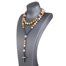 Pendanthalsband 8mm Rose Quartz Natural Yellow Jade Mala Labradorite Cotton Stone Rosary Chaplet Hematite Cross Christ Jewelry