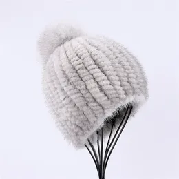 BeanieSkull Caps 100% vera pelliccia di visone cappello da donna invernale lavorato a maglia berretto russo da ragazza con pon pon di volpe spesso elastico femminile 221129