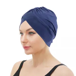 Elastische Frauen Kopfschal Schwimmkappe Pool Badehüte schützen lange Haarohrsport -Hijab -Kappen Nylon Hat Turban Stirnband