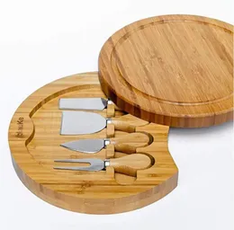 Bamboo Cheese Board and Knife Set Tools Round Charcuterie Boards Swivel Meat Platter Holiday Housewarming Gift Kitchen Tools SN4257