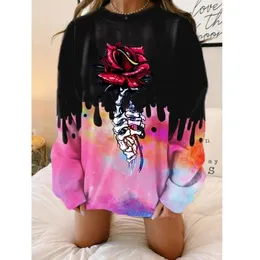 Women's Hoodies Sweatshirts Hip Hop Pink Black Skull Rose Print Loose Oversized Sweatshirt Women Long Sleeve Casual Boyfriend Spring Streetwear Tops 221129