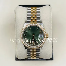 MP Factory Womens Watch 28mm Diamond Bezel 904L Green Roman Dial Rostfritt stål Jubileum Rem Gul guld Automatisk mekanial Fashion Lady Wristwatch