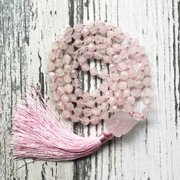 체인이 장미 Q- 우트 츠 매듭 Boho Jewelry 108 Mala Beads Necklace를위한 Raw Rough Pendant Pink Tassel Collier Femme