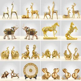 Decorative Objects Figurines Chinese Feng Shui Golden horse Elephant statue decoration success home crafts Lucky Figurine office desk Ornaments Gift 221129