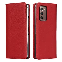Folio Genuine Leather Phone Cases for Samsung Galaxy Z Fold2 5G Durable Card Slot Magnetic Lychee Grain Leather Wallet Clutch Bracket Protective Shell