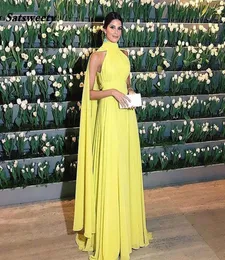 Abendkleider Dubai formelles Abschlussball Kleid Frauen elegant Chiffon Riched High Neck Cape Yellow Abendkleider 2021 Vestido Longo Festa9571314