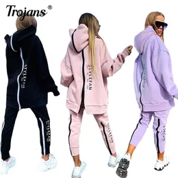 Women's Two Piece Pants Tracksuit Streetwear Running Sportswear Backwards Zipper Long HoodiesLong Pant 2 Pice Set Autumn Winter Female Clothing 221130