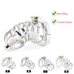 Cockrings CBT Male Chastity Belt Device Stainless Steel Cock Cage Penis Ring Lock with Urethral Catheter Spiked Sex Toys For Men 221130