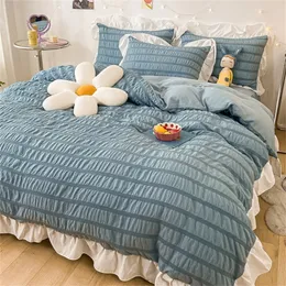 Bedding sets Blue Seersucker Duvet Cover Set Washed Cotton 4 Pieces with Zipper Lace Quilt Bed Linens Flat Sheet Pillowcase 221129