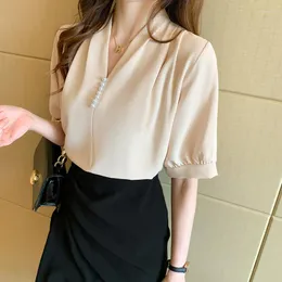 Kvinnors blusar Summer Blusas Mujer Pearls Beading V Neck Women's Short Sleeve Blouse Chiffon Ladies Work Shirt Korean Office and Tops