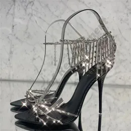 Dress Shoes metal chain crystal Rhinestone Sandals Designer 10.5cm pointed toes high heel pump heel Slingbacks Buckle Strap womens Shoe 35-42 with box