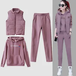 Kvinnors tvåbitar byxor 3 Set Tracksuit Autumn Winter Sport Suit Hoodies Vest Pants Casual Velvet Warm Sporting Women Outwear 221130